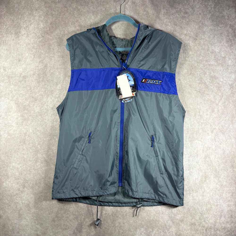 Vintage Lee Pipes BMX Vest Mens XL Gray Hooded Sleeveless Windbreaker 90s Skate